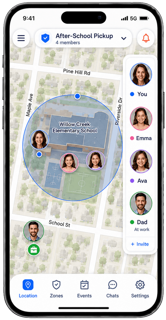 SafeZone365 app showing an After-School Pickup zone with trusted circle members in the right-side menu