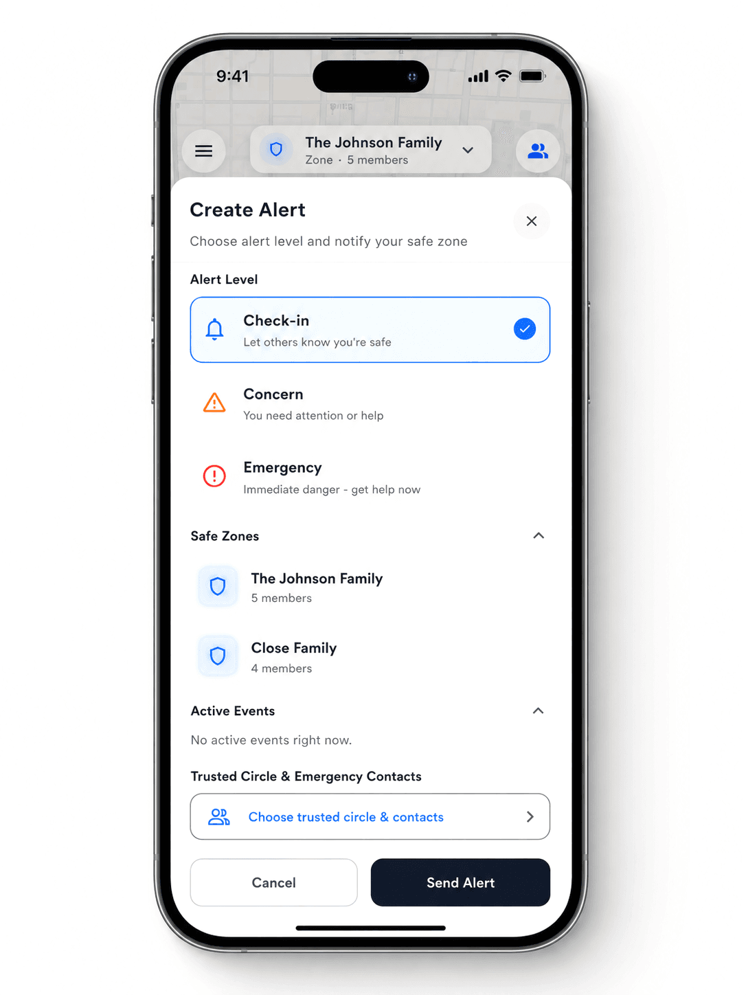 SafeZone365 Create Alert screen with Check-in, Concern, and Emergency levels and recipient selection