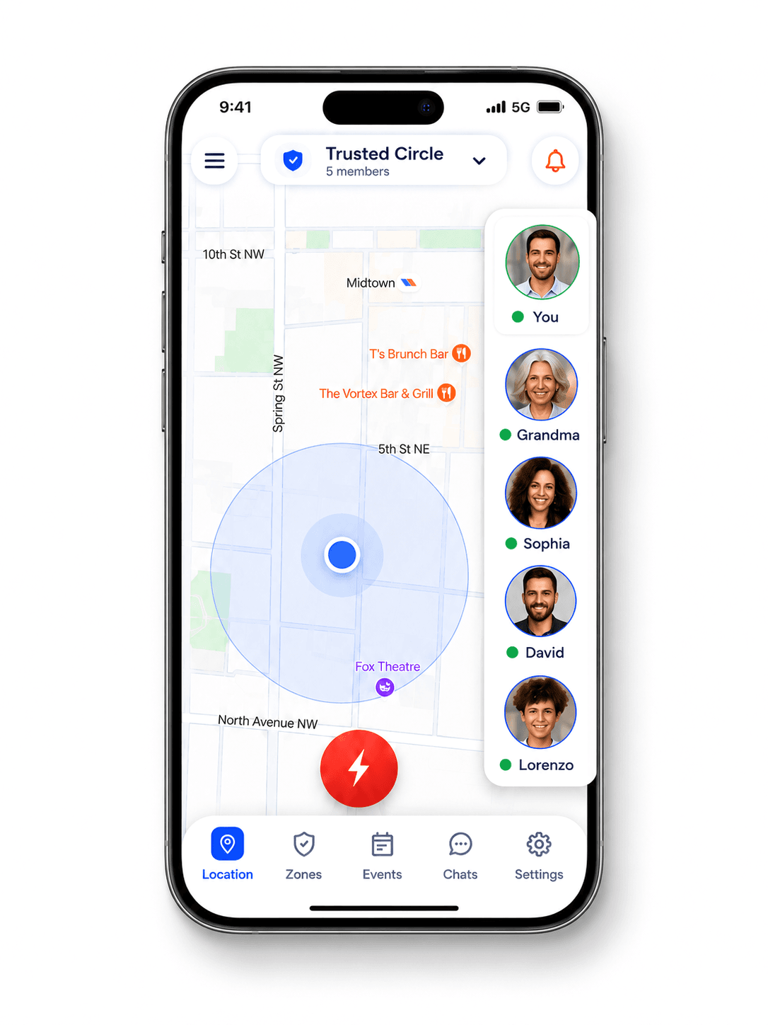 SafeZone365 trusted circle map with members and their status in the right-side menu