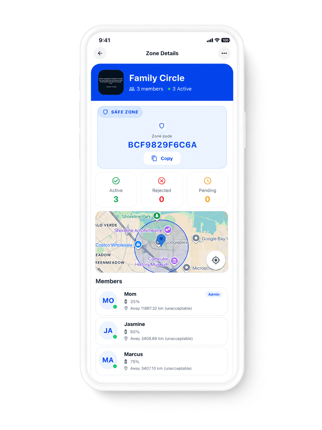 SafeZone365 Zone Details screen showing a zone code, member status, and a map radius